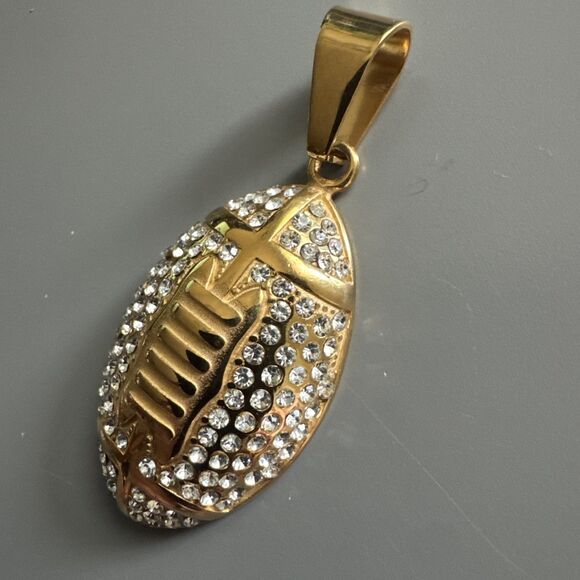 Football Pendant Chain Stainless Steel Super Bowl Gift Men’s Cubic Zirconia Gold - Picture 2 of 6